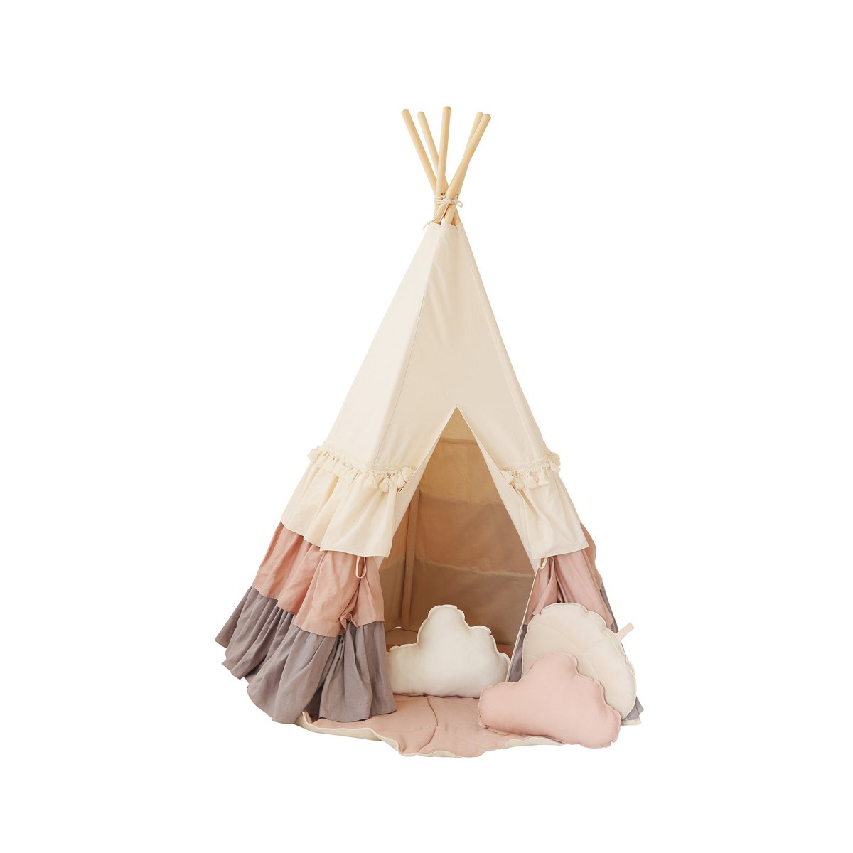 Tipi "Powder Frills" met ruches en "Powder Pink" schelpmattenset-Moi Mili-Ik Hout ervan.