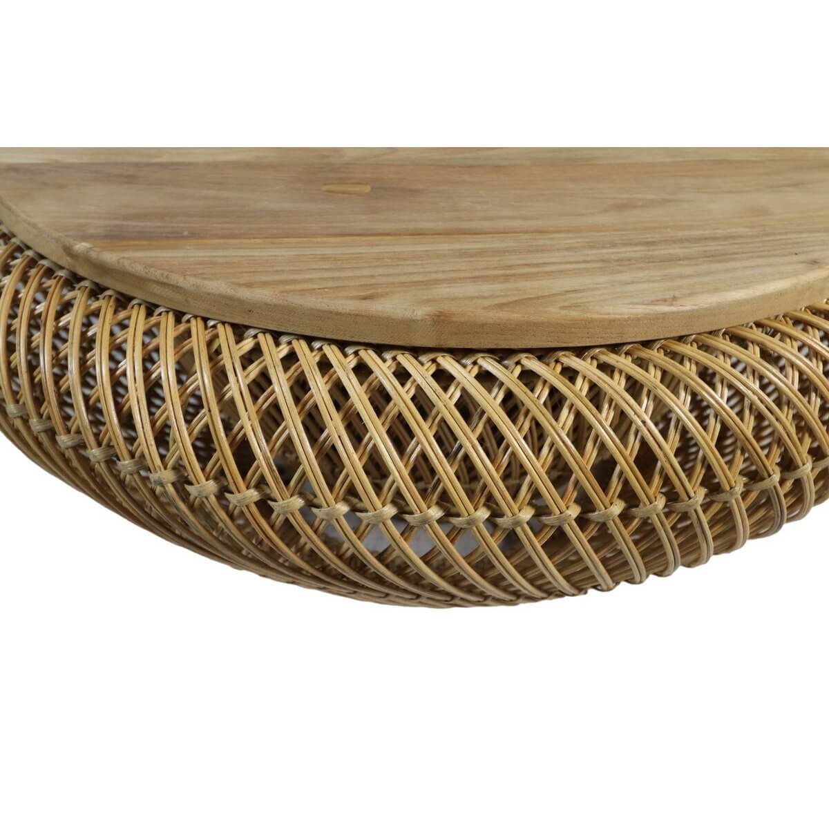Detail van Trapezium Salontafel - Houten blad en rotan basis, 80x80x38 cm, natuurlijke boho stijl voor een warme interieur look.