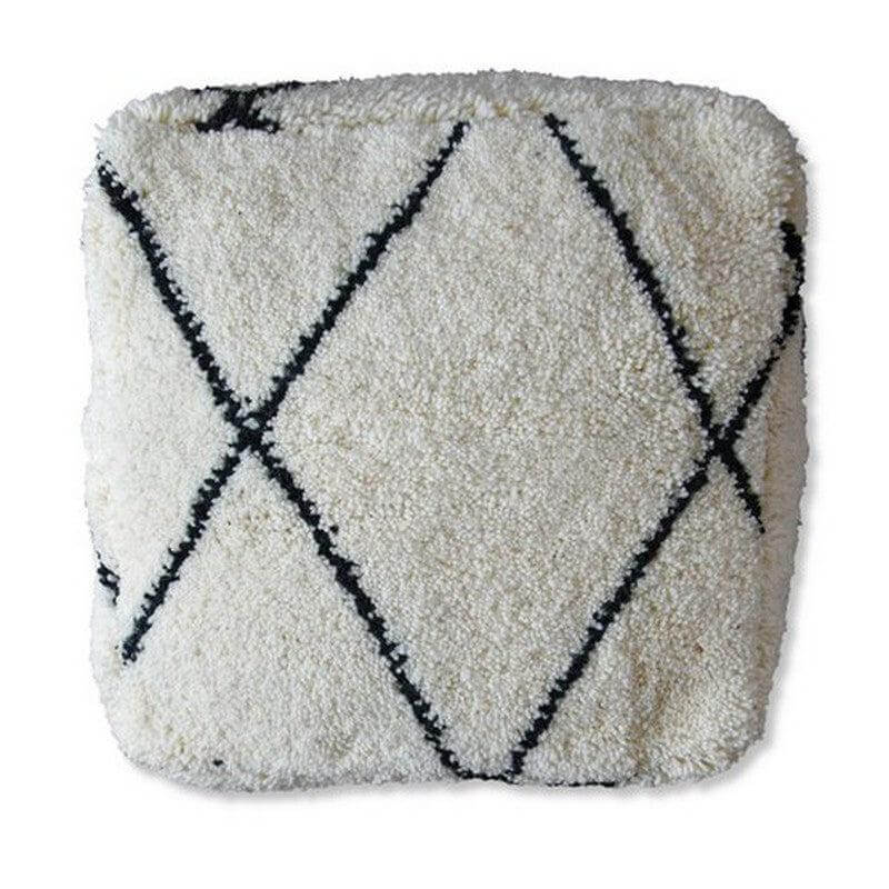 Vloerkussen Fluffy Beni Ouarain met zwart-witte geometrische patronen, perfect voor interieurdecor, sfeer en extra zitcomfort.