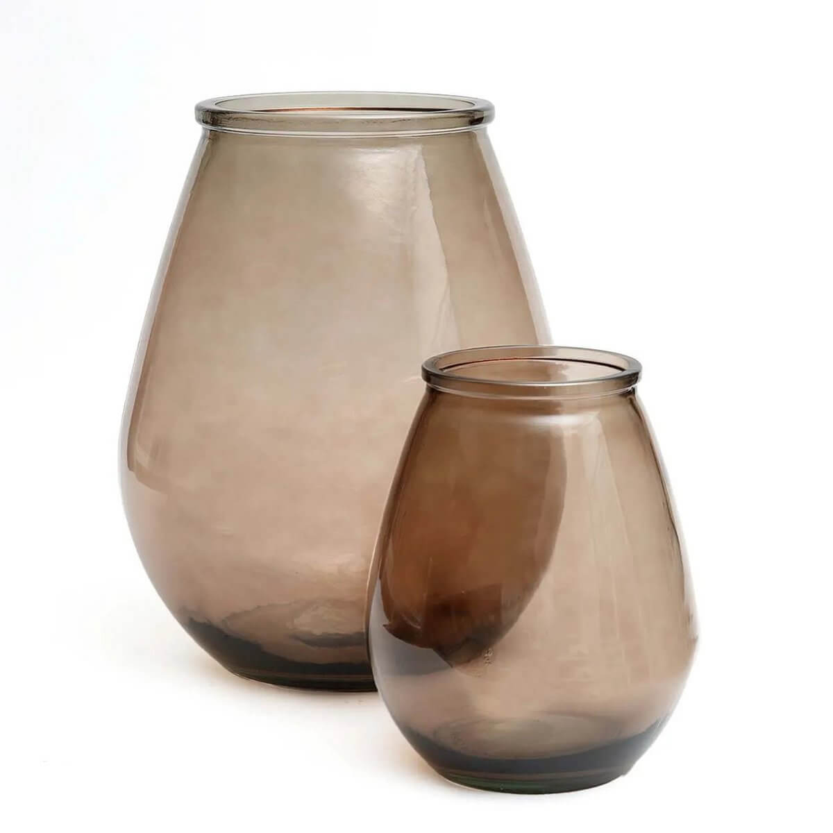 Two Bohemian-style beige vases made of recycled glass with smooth lines and a contemporary finish, perfect for decor.