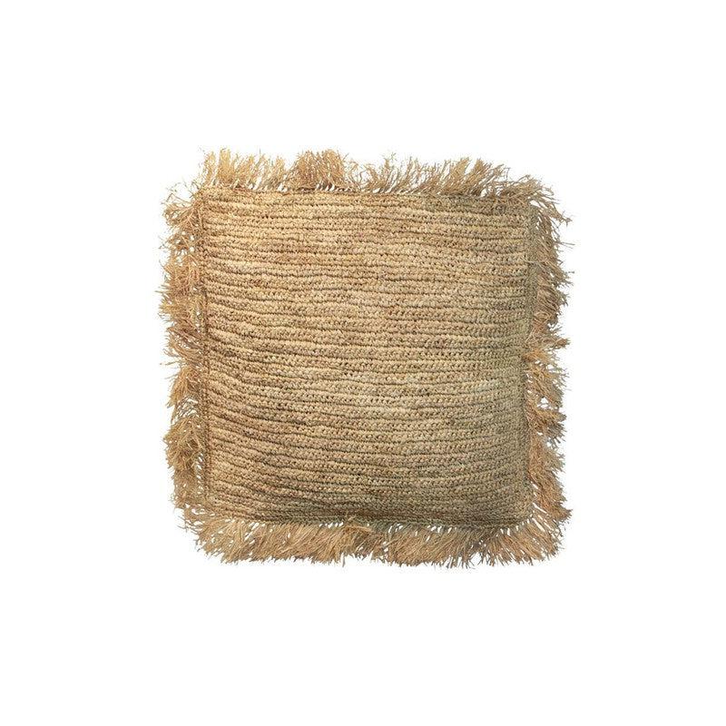 Handgeweven raffia kussenhoes in natuurlijke kleur, vierkant 40x40 cm, perfect voor een boho sfeer in huis of tuin.