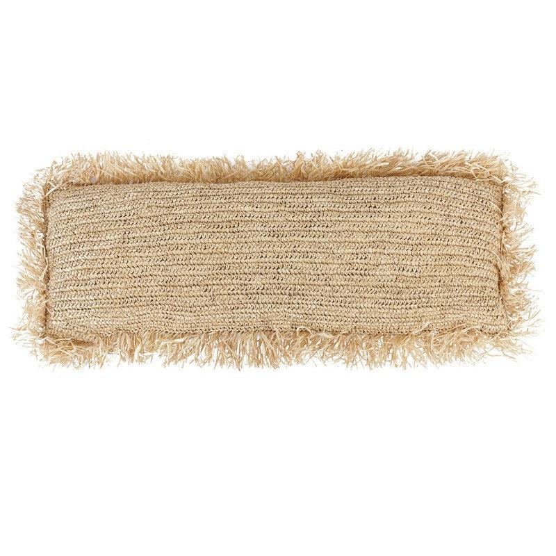 Handgeweven raffia kussenhoes 35x100 cm, naturel kleur, boho stijl, gemaakt in Indonesië. Perfect voor huis of tuin, natuurlijke sfeer.