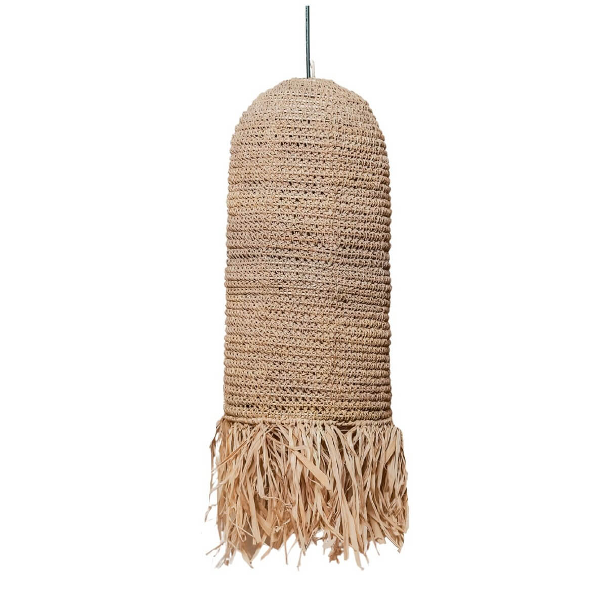 Raffialamp KAWAH hanglamp in rustgevende patronen, 25 cm doorsnede en 50 cm hoog, handgemaakt van duurzaam raffia.