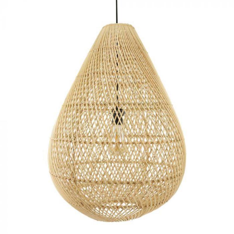 Druppelvormige rotan hanglamp in naturel, bohemian stijl, elegant en duurzaam, perfect voor sfeervolle verlichting in elk interieur.