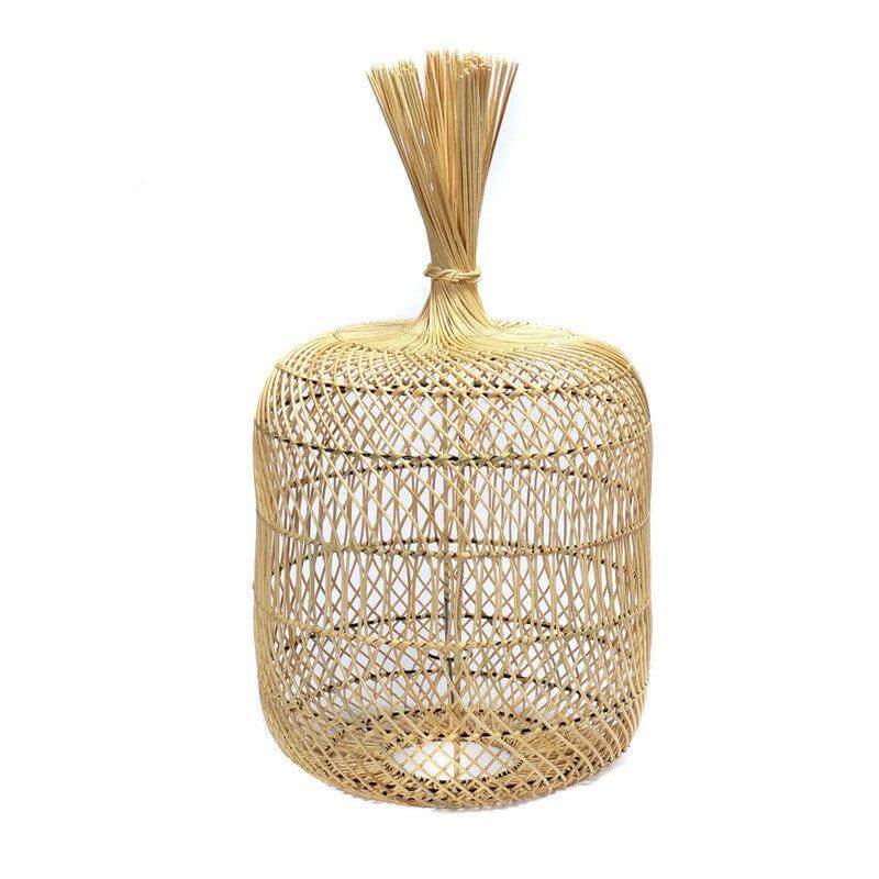 Stijlvolle Dumpling Vloerlamp van rotan en bamboe in boho-stijl, multifunctioneel als hanglamp of vloerlamp.